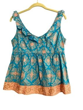 Anthropologie Edme & Esyllte Turquoise Peach Floral Masala Ruffle-Neck Tank Sz 6